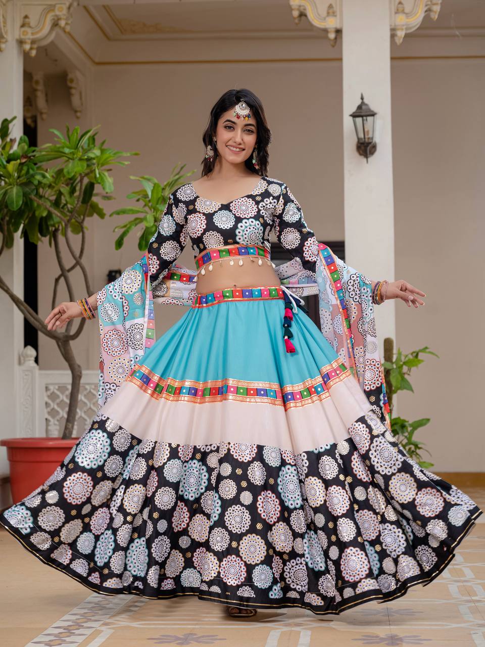 New Sky Color Lehenga Choli Foil Print On Crepe Silk Fabric