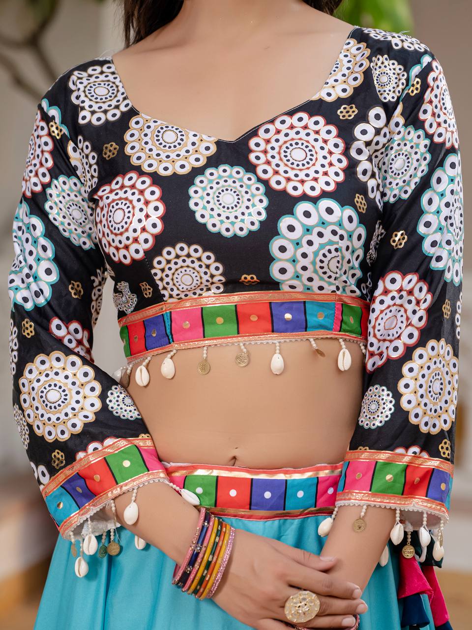 New Sky Color Lehenga Choli Foil Print On Crepe Silk Fabric