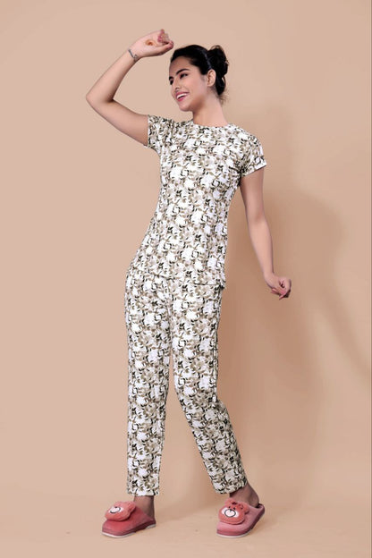 New Women Printed Multi Color Top & Pyjama Night suit