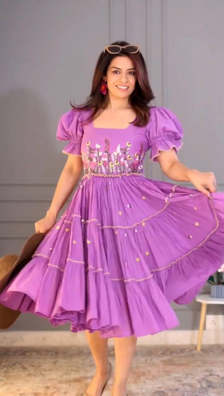 NEW SUPERHIT TRENDING LAVENDER COLOR TUNIC WITH FULL FLAIR EMBROIDERY WORK