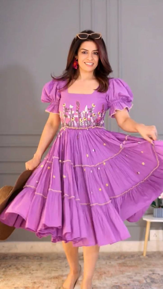 NEW SUPERHIT TRENDING LAVENDER COLOR TUNIC WITH FULL FLAIR EMBROIDERY WORK