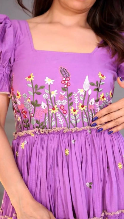 NEW SUPERHIT TRENDING LAVENDER COLOR TUNIC WITH FULL FLAIR EMBROIDERY WORK