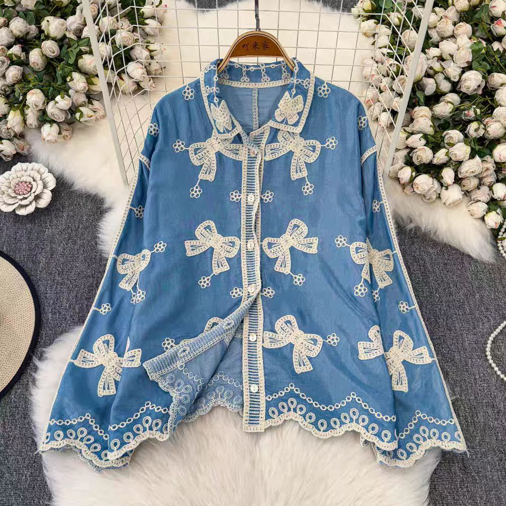 China Floral Embroidered Cotton Oversized Casual Shirt for Women