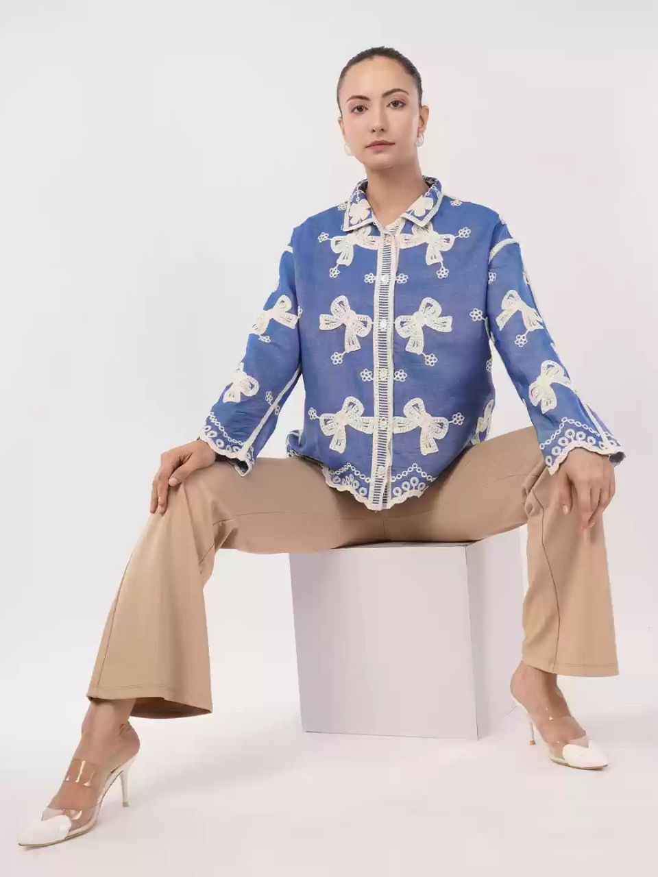 China Floral Embroidered Cotton Oversized Casual Shirt for Women