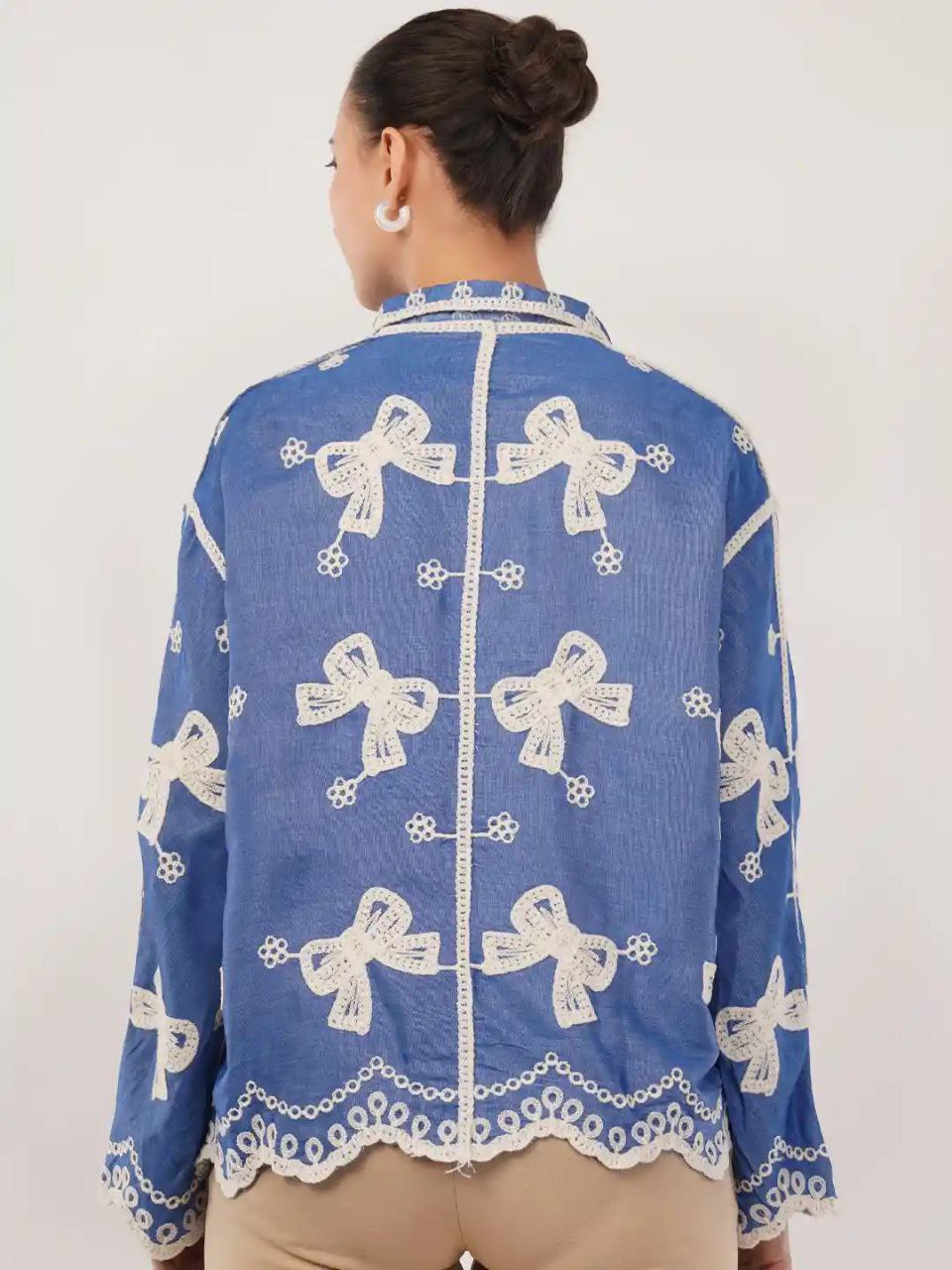 China Floral Embroidered Cotton Oversized Casual Shirt for Women