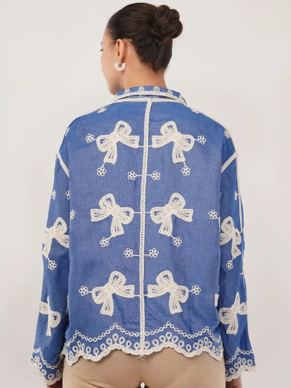 China Floral Embroidered Cotton Oversized Casual Shirt for Women