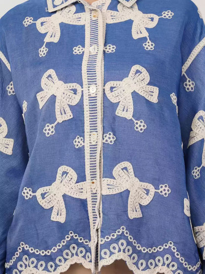 China Floral Embroidered Cotton Oversized Casual Shirt for Women