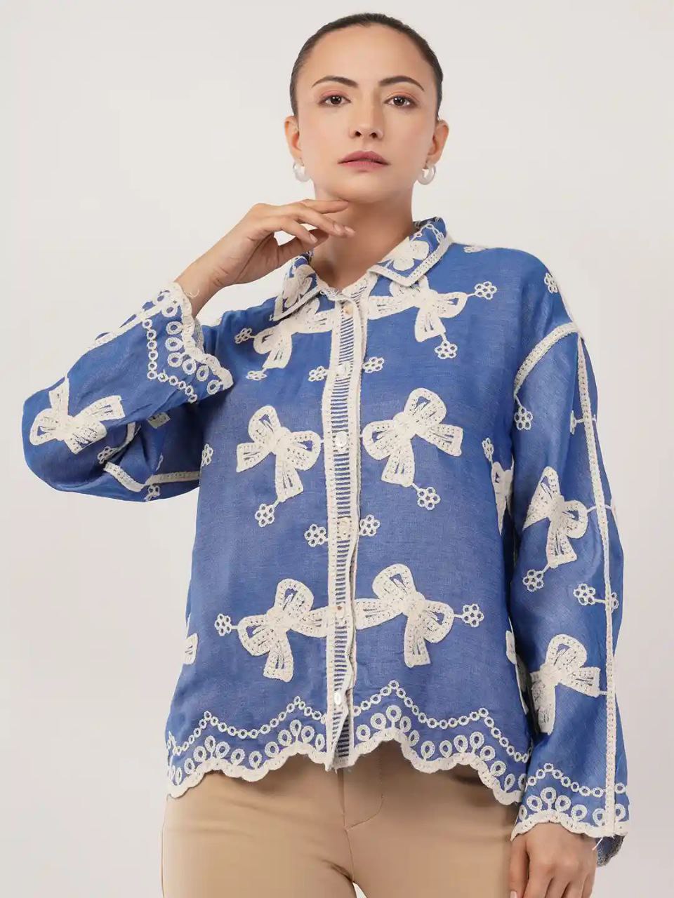 China Floral Embroidered Cotton Oversized Casual Shirt for Women