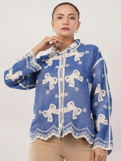 China Floral Embroidered Cotton Oversized Casual Shirt for Women