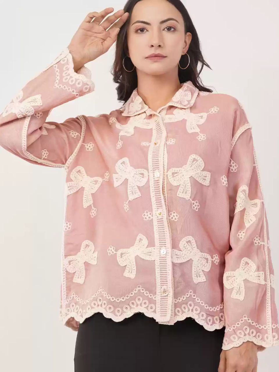 China Floral Embroidered Cotton Oversized Casual Shirt for Women