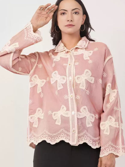 China Floral Embroidered Cotton Oversized Casual Shirt for Women