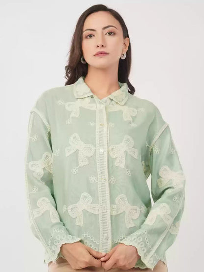 China Floral Embroidered Cotton Oversized Casual Shirt for Women