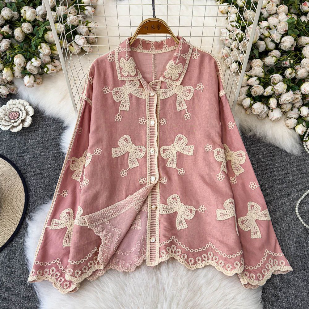 China Floral Embroidered Cotton Oversized Casual Shirt for Women