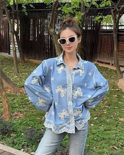 China Floral Embroidered Cotton Oversized Casual Shirt for Women